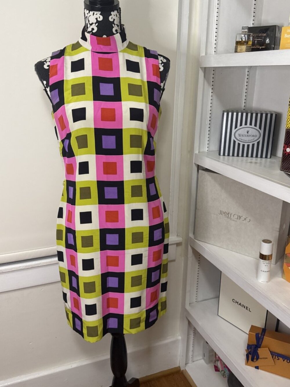 Vtg Donna Morgan ~Size 4 Multicolor 100% Silk Sleeveless Sheath Color Block Mod